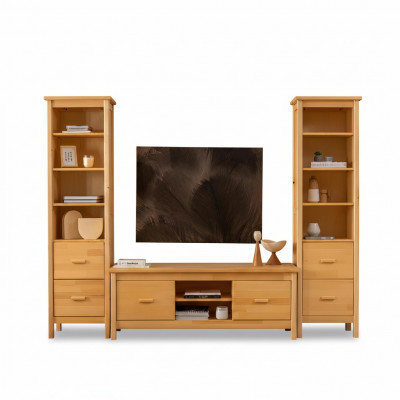 Luxus beige Wunnzëmmer Set RTV-Stänner 2x Holz Vitrinnen 3 Deeler