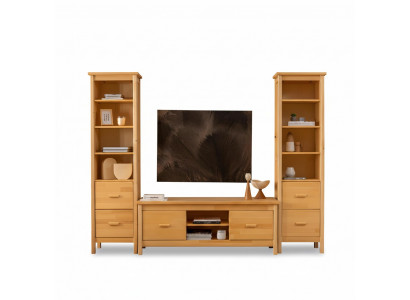 Luxus beige Wunnzëmmer Set RTV-Stänner 2x Holz Vitrinnen 3 Deeler
