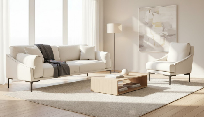 Wunnzëmmer-Set 2-teileg 3-Sëtzer Sofa Sessel Wäiss Textil Wunnzëmmer Modern