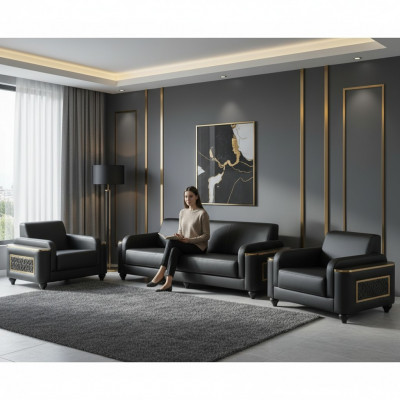 Aarbechtszëmmer 3-Sëtzer Sofa mat Fauteuil Schwaarz Eefaarweg Stil Wunnzëmmer