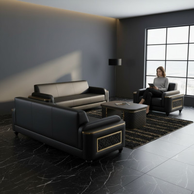 Schwaarz 3-Sëtzer Canapé Fotell Brong Couchtisch Modernen Design Aarbechtszëmmer