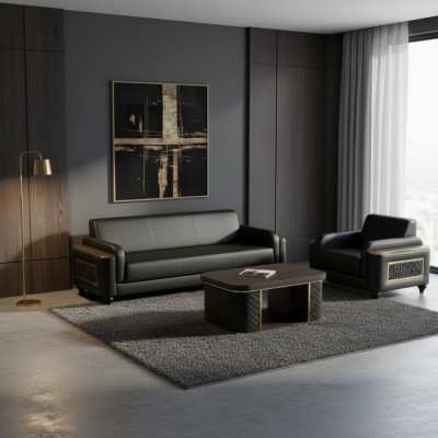 Schwaarz 3-Sëtzer Canapé Fotell Brong Couchtisch Modernen Design Aarbechtszëmmer