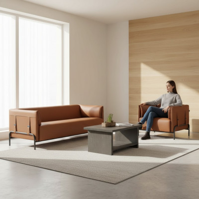 Sëtzmiwwelen 3tlg Braun 3-Sëtzer Fauteuil Gro Faarf Kaffisdësch Aarbechtszëmmer
