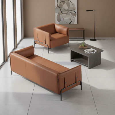 Sëtzmiwwelen 3tlg Braun 3-Sëtzer Fauteuil Gro Faarf Kaffisdësch Aarbechtszëmmer