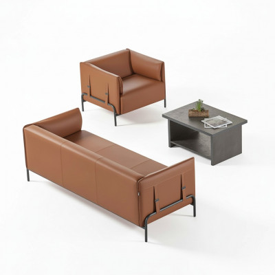 Sëtzmiwwelen 3tlg Braun 3-Sëtzer Fauteuil Gro Faarf Kaffisdësch Aarbechtszëmmer