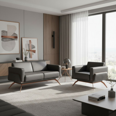 Aarbechtszëmmer-Set 2-deel 2-Sëtz Sofa mat Fauteuil Gro Eefaarweg Wunnzëmmer