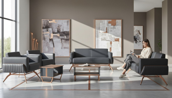 Aarbechtszëmmer-Set 5tlg 2x 2-Sëtzer 2x Sessel Couchtisch Grau Einfaarweg