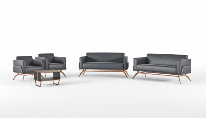 Aarbechtszëmmer-Set 5tlg 2x 2-Sëtzer 2x Sessel Couchtisch Grau Einfaarweg