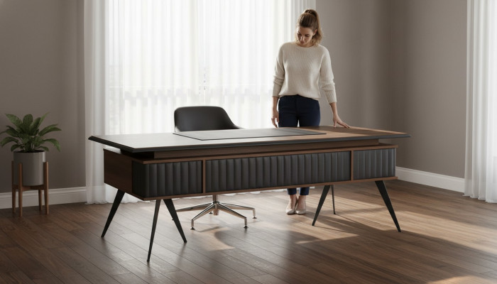 Bürosdësch Recht-Eckeg Form Braun Gro Zweefaarweg mat Tiräng Modern