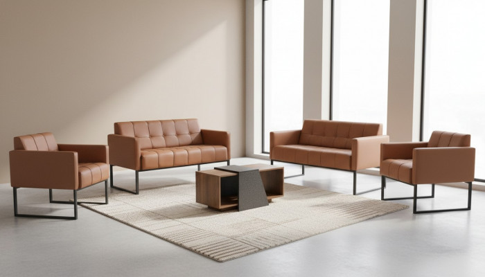 Aarbechtszëmmer-Set 5 Deeler Braun 2x 2-Sëtzer 2x Fautteuil Couchtisch Gro Stil