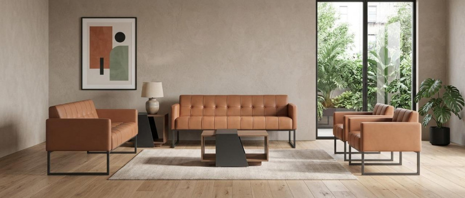 Aarbechtszëmmer-Set 5tlg 3-Sëtzer 2-Sëtzer 2x Sesselle Couchtisch Braun Stil