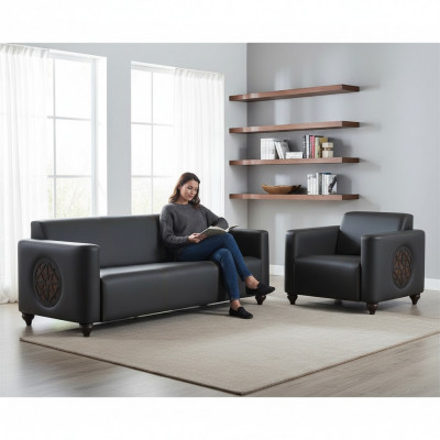 Aarbechtszëmmer-Set 2-Stéck 3-Sëtzer Fauteuil Schwaarz Eefaarweg Modern Design