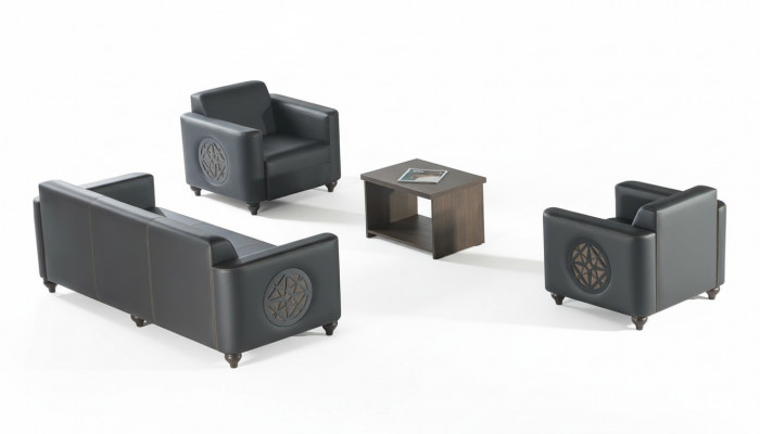 Aarbechtszëmmer-Set 4tlg Schwaarz 3-Sëtzer 2x Fautteuil Braun Dësch Modern