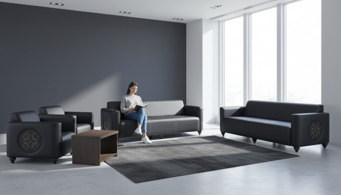 Stylvoll Aarbechtszëmmer Miwwelen Designer 2x 3-Sëtzer 2x Fotell Couchtësch