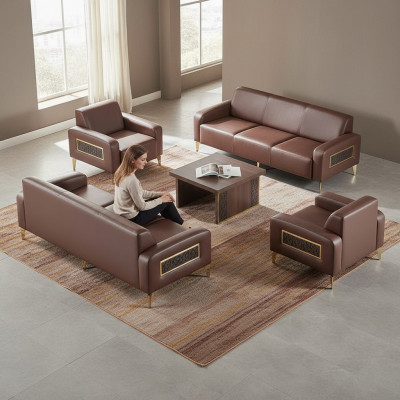 Aarbechtszëmmer-Set 4tlg 3-Sëtzer 2x Fauteuil Kaffisdësch Brong Wunnzëmmer
