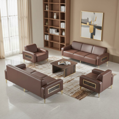 Aarbechtszëmmer-Set 4tlg 3-Sëtzer 2x Fauteuil Kaffisdësch Brong Wunnzëmmer