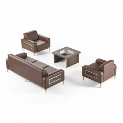 Aarbechtszëmmer-Set 4tlg 3-Sëtzer 2x Fauteuil Kaffisdësch Brong Wunnzëmmer