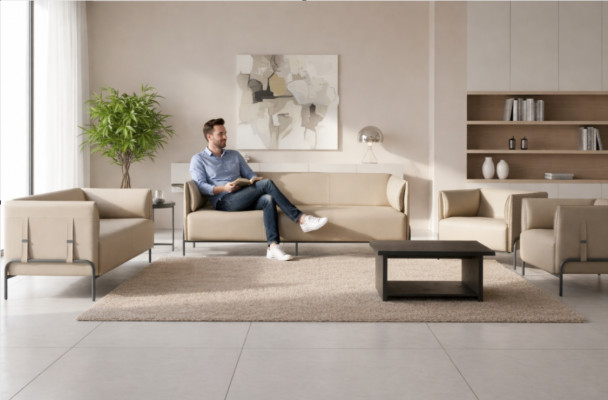 Aarbechtszëmmer-Set 5-tlg Beige 3-Sëtzer 2-Sëtzer 2x Sessel Gri Couchtisch