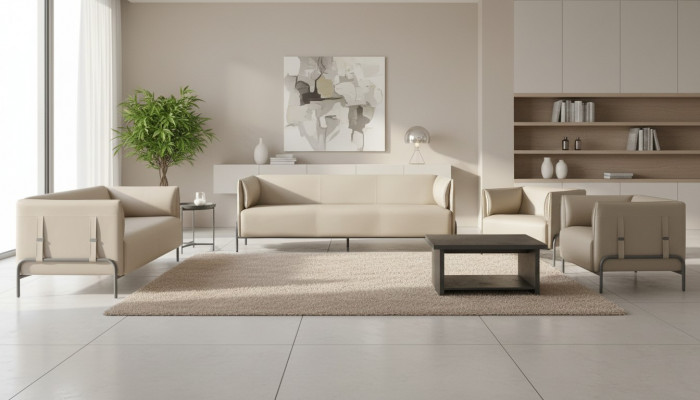 Aarbechtszëmmer-Set 5-tlg Beige 3-Sëtzer 2-Sëtzer 2x Sessel Gri Couchtisch