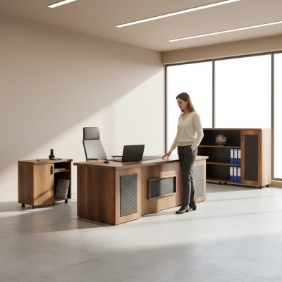 Aarbechtsraum-Set 3tlg Büroschëff Säitleescht Kommode Späicherplatz Brong Schwaarz