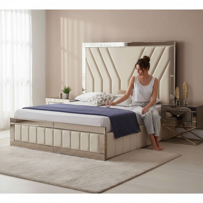 Luxuriéist Schlofzëmmer Set Designer Duebelbett Holz 2x Nuetsdëscher 3tlg