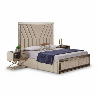 Luxuriéist Schlofzëmmer Set Designer Duebelbett Holz 2x Nuetsdëscher 3tlg