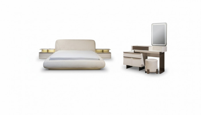 Elegant wäiss Schlofzëmmerkombinatioun Doppelbett Schminktisch Nuetsdëschercher
