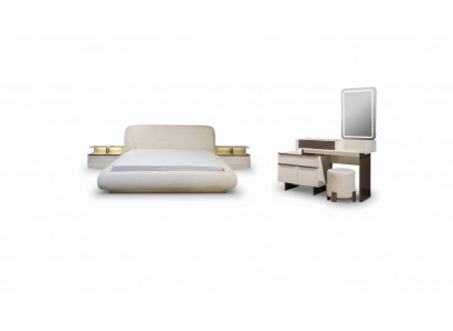 Elegant wäiss Schlofzëmmerkombinatioun Doppelbett Schminktisch Nuetsdëschercher