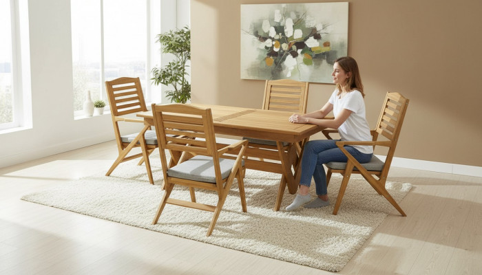 Robust Gaart Garnitur Iessgarnitur 4x Holzstull Designer Iessdësch 5tlg