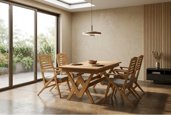 Robust Gaart Garnitur Iessgarnitur 4x Holzstull Designer Iessdësch 5tlg