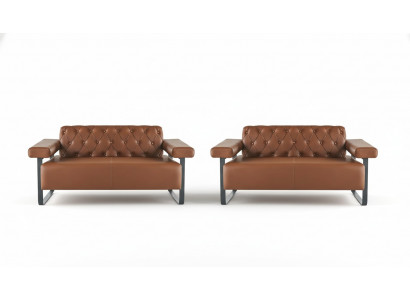 Braun Chesterfield Ledersofas Edelstahl Original Modern 2-Sëtzer Knapp