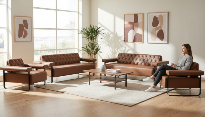 Sofagarnituren 3-Sëtzer 2x Fauteuil Edelstahl Chesterfield Design Braun