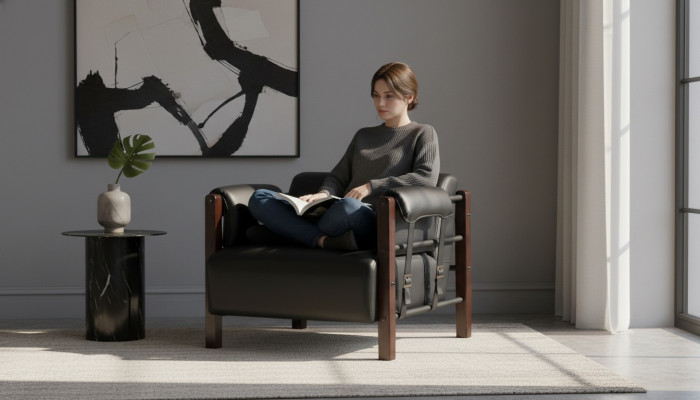 Schwaarze moderne Fauteuil aus Holz a Lieder, mëll Aarmlehnen, eene-Sëtzer.