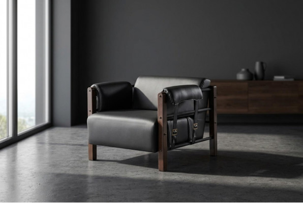 Schwaarze moderne Fauteuil aus Holz a Lieder, mëll Aarmlehnen, eene-Sëtzer.