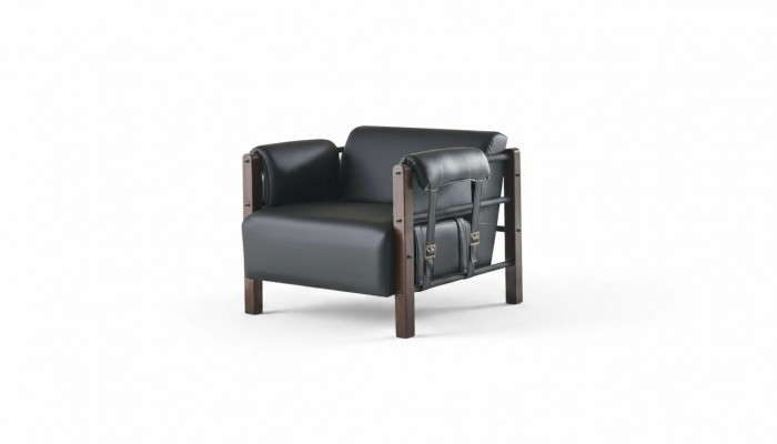 Schwaarze moderne Fauteuil aus Holz a Lieder, mëll Aarmlehnen, eene-Sëtzer.