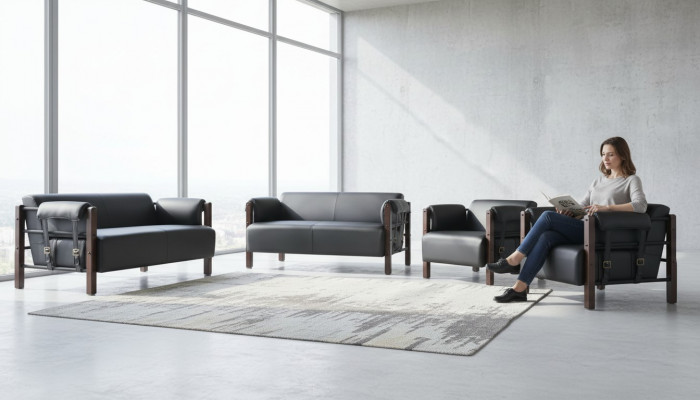Ledercouch Zweesëtzercouch Sofas Sesselen Schwaarz Modern Lieder Holz