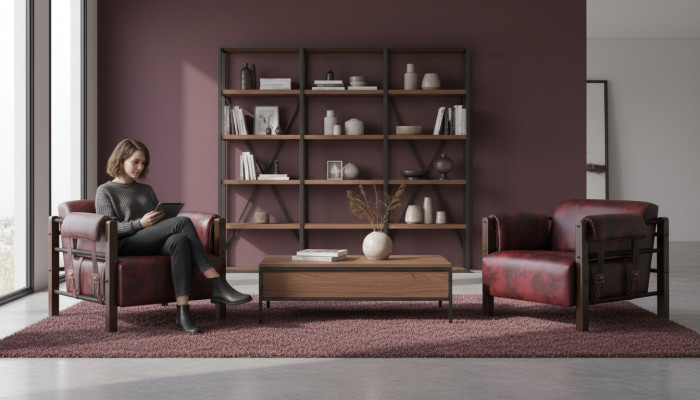 Lieder Sëtz Bordeaux Liederstull Modern 1-Sëtzer Set Mëll Aarmlehnen