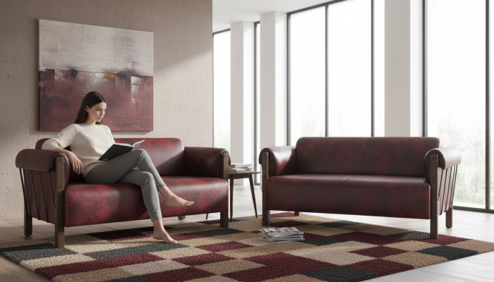 Liederkanapéë 2-Sëtzer Bordeaux Lieder Sëtzmiwwelen Sofa-Set Kanapéë Modern.