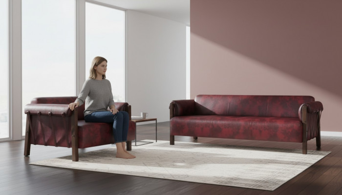 Couch Lieder-Sofaen 3-Sëtzer 2-Sëtzer Bordeaux Modernen Stil Lieder Holz Set