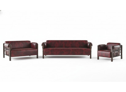 Couch Bordeaux Ledersofa Holz Komplett 3tlg 3-Sëtzer 2-Sëtzer Fauteuil