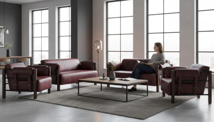 2-Sëtz Sofas Aarmstull Bordeaux Modern Holz Mëll Lieder Aarmleed Saz