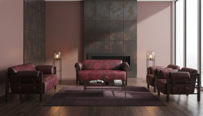 2-Sëtz Sofas Aarmstull Bordeaux Modern Holz Mëll Lieder Aarmleed Saz