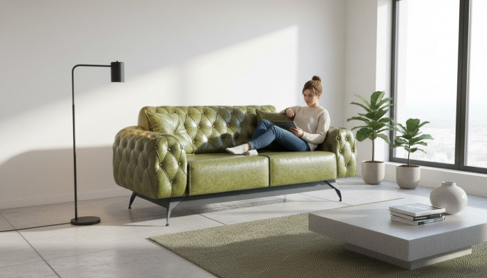 Ledercouch 2-Sëtz Sofa Gréng Polster Klassesch Këssen Chesterfield Sofa