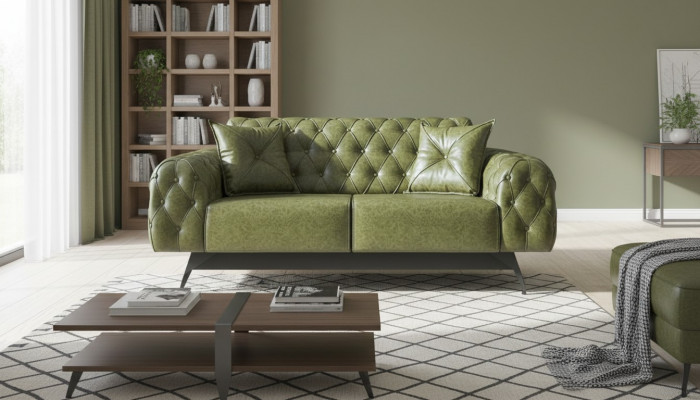 Ledercouch 2-Sëtz Sofa Gréng Polster Klassesch Këssen Chesterfield Sofa