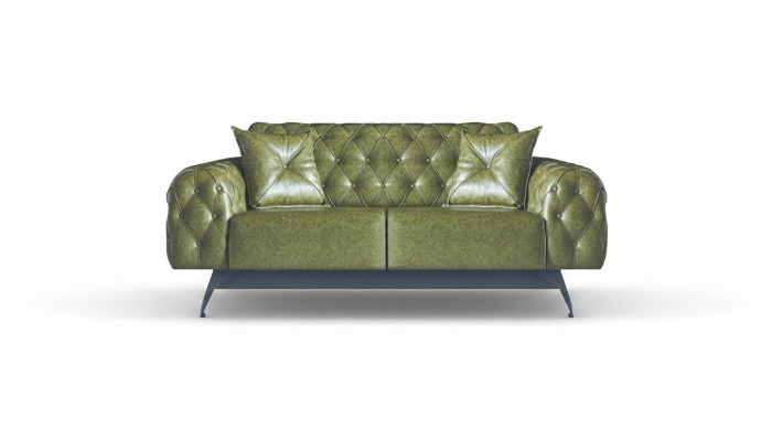 Ledercouch 2-Sëtz Sofa Gréng Polster Klassesch Këssen Chesterfield Sofa