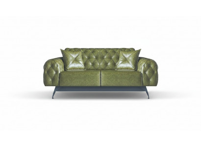 Ledercouch 2-Sëtz Sofa Gréng Polster Klassesch Këssen Chesterfield Sofa