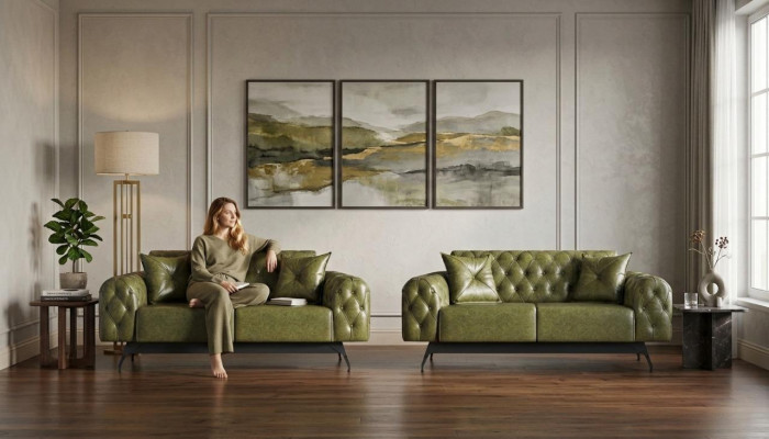 Sofa-Set 2-Sëtzer Ledersofaen Gréng Chesterfield Klassesch Këssen Polster