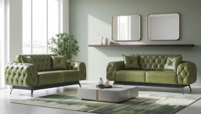 Sofa-Set 2-Sëtzer Ledersofaen Gréng Chesterfield Klassesch Këssen Polster