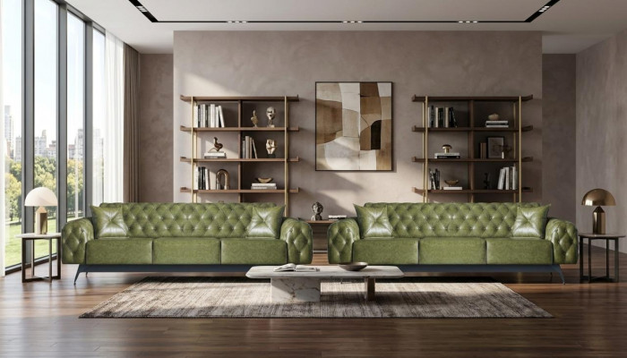 Sofagarniture Chesterfield Canapé-Set 3-Sëtz Canapéeën Gréng Klassesch Këssen