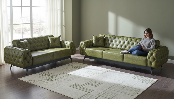 Lieder-Sofas 3-Sëtz 2-Sëtz Chesterfield Gréng Einfaarweg Klassesch Sofas